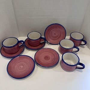 Vietri Rainbow Cranberry Hand-Painted Ceramic Tea Coffee Cup Saucer Set of 10